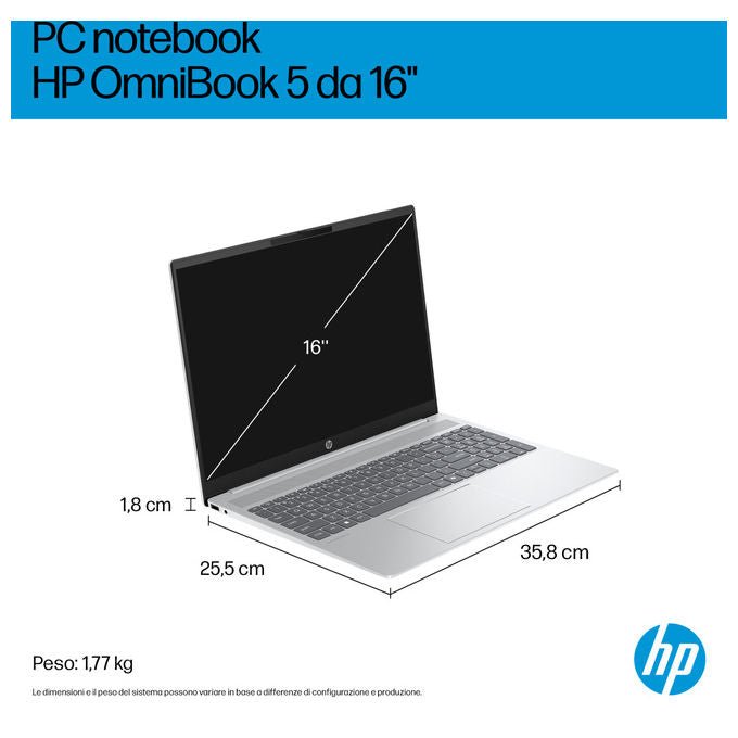 HP notebook OmniBook 5 AI, Intel Core Ultra 7 255U, 16'' OLED 2K, 16 GB RAM, 1 TB SSD NVMe, Wi-Fi 6, Windows 11 Home, argento