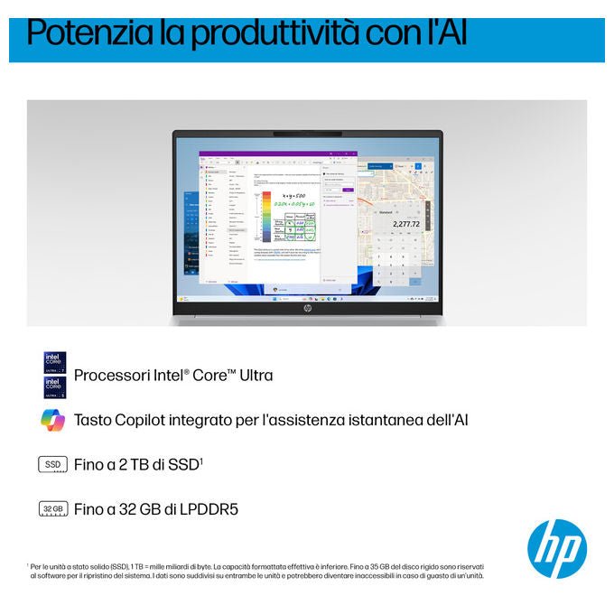 HP notebook OmniBook 5 AI, Intel Core Ultra 7 255U, 16'' OLED 2K, 16 GB RAM, 1 TB SSD NVMe, Wi-Fi 6, Windows 11 Home, argento