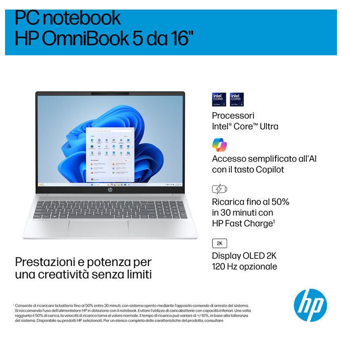 HP OmniBook 5 AI, notebook 16 pollici OLED 2K, Intel Core Ultra 7 255U, 32 GB RAM, SSD 1 TB, Wi-Fi 6, Windows 11 Home, argento