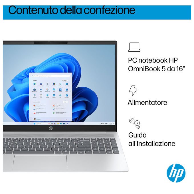 HP OmniBook 5 AI, notebook 16 pollici OLED 2K, Intel Core Ultra 7 255U, 32 GB RAM, SSD 1 TB, Wi-Fi 6, Windows 11 Home, argento