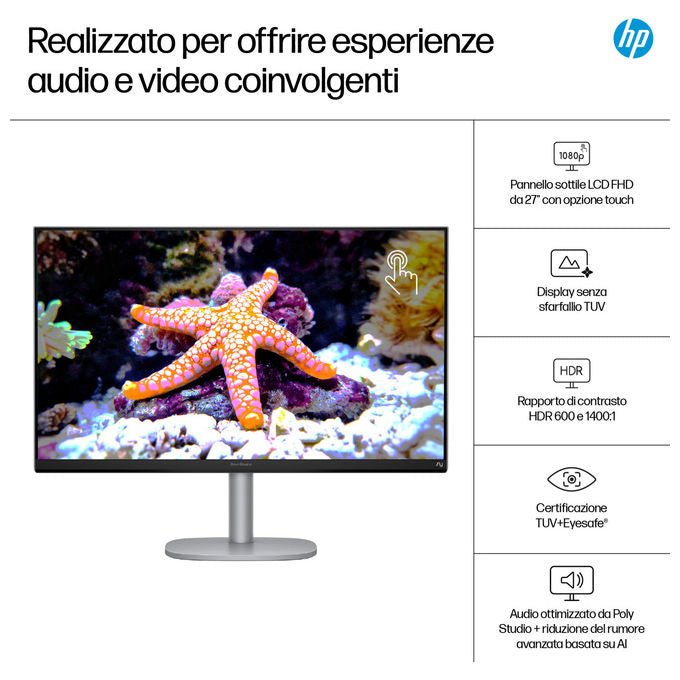 HP OmniStudio X, PC all-in-one 27 pollici touch, Intel Core Ultra 7, 16 GB RAM, 1 TB SSD, Full HD IPS, Windows 11 Home, argento