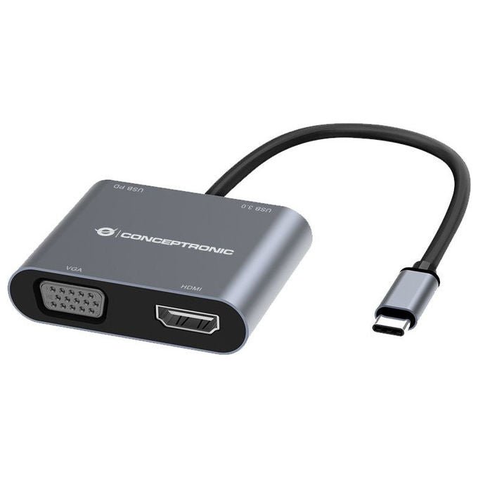 Conceptronic docking station 4 in 1 DONN16G, USB-C 3.2 Gen 1, HDMI 4K, VGA 1080p, USB-A 3.0, 100W Power Delivery, grigio