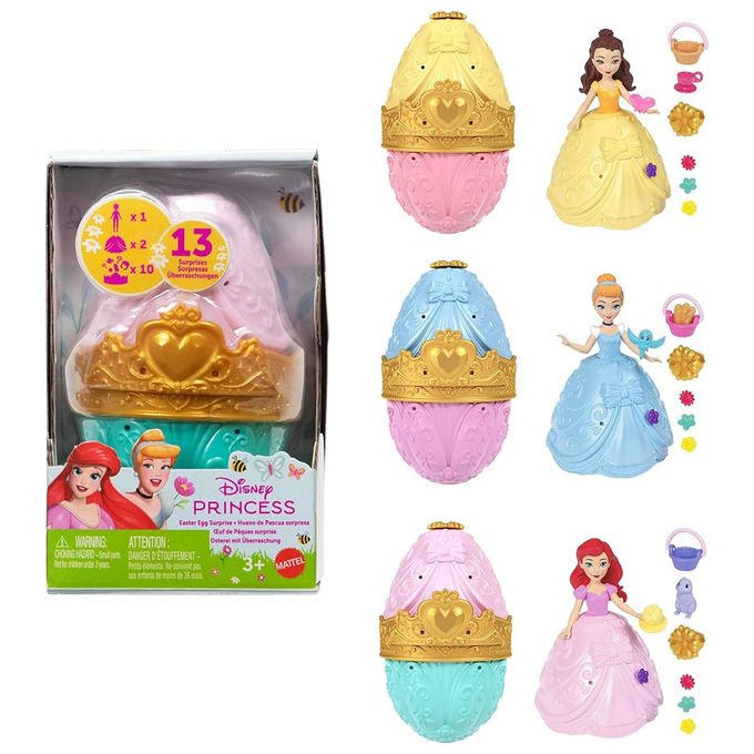 Mattel bambola Disney Princess uovo di Pasqua sorpresa, principessa, 2 gonne, tiara, anello, 7 accessori, 3 anni+