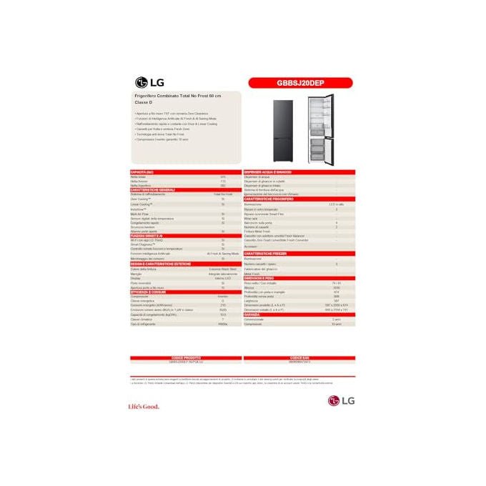LG frigorifero combinato Total No Frost, GBBSJ20DEP, 375 L, 203 cm, classe D, 60 cm, nero
