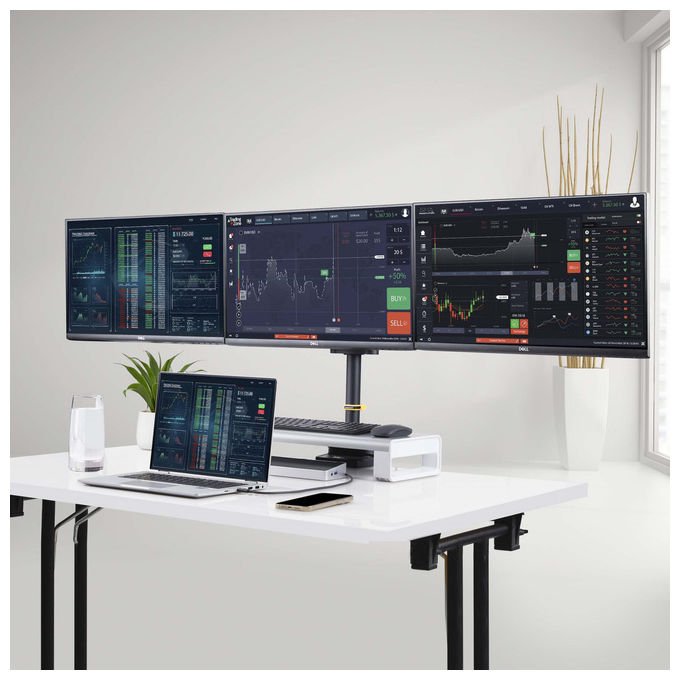 StarTech.com supporto tre monitor fino a 27 pollici, VESA 75x75 e 100x100, bracci a molla senza attrezzi, morsetto a C, nero