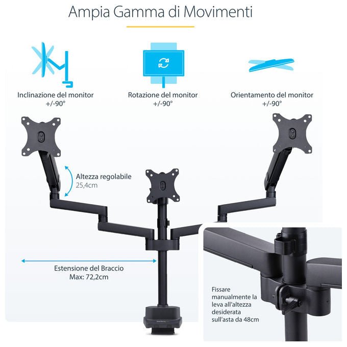 StarTech.com supporto tre monitor fino a 27 pollici, VESA 75x75 e 100x100, bracci a molla senza attrezzi, morsetto a C, nero