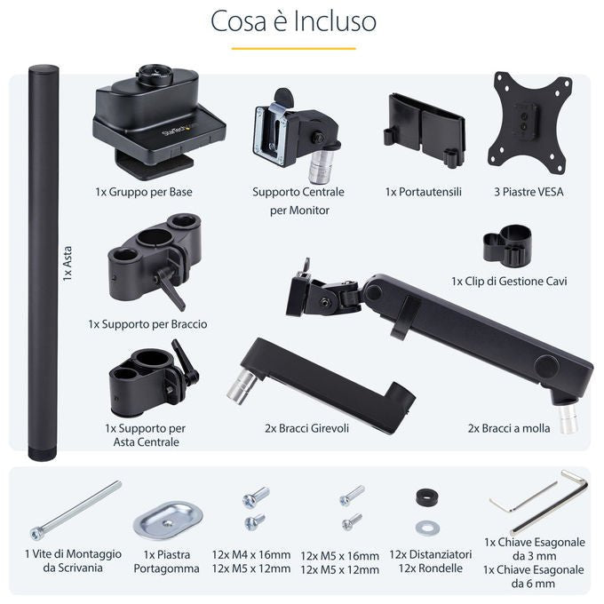 StarTech.com supporto tre monitor fino a 27 pollici, VESA 75x75 e 100x100, bracci a molla senza attrezzi, morsetto a C, nero