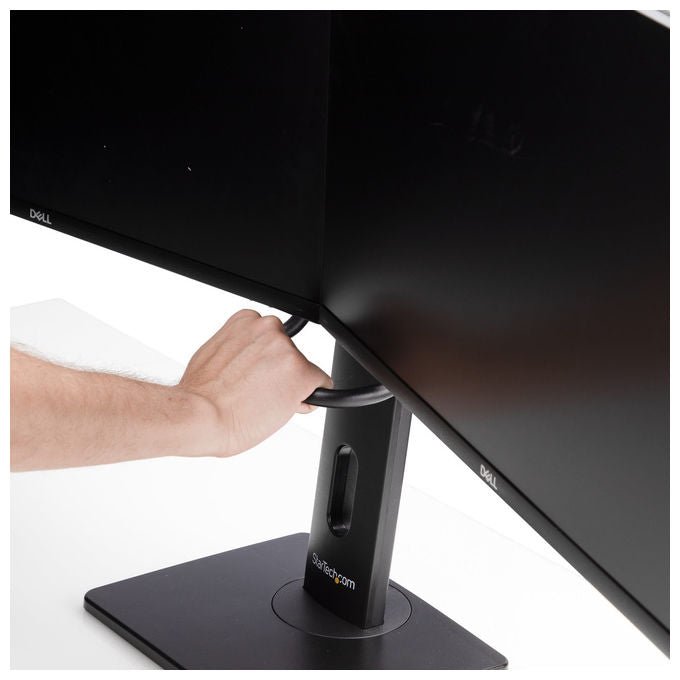 StarTech.com supporto da tavolo per due monitor, barra trasversale, schermi fino a 27 pollici, vesa 75x75 e 100x100, altezza regolabile, 6 kg per display, nero