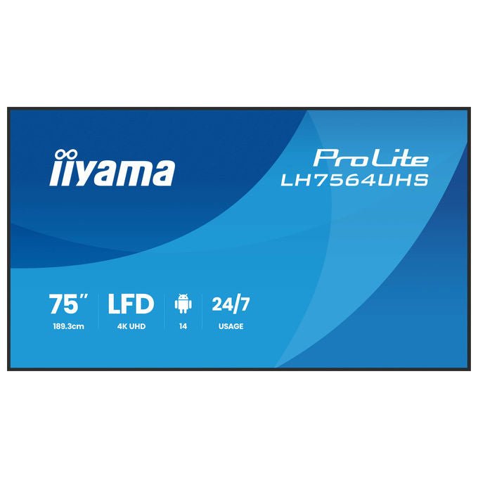 Iiyama display digital signage 75 pollici 4K UHD, ProLite LH7564UHS-B1AG, Android 14, 500 cd-m², Wi-Fi, 24-7, nero