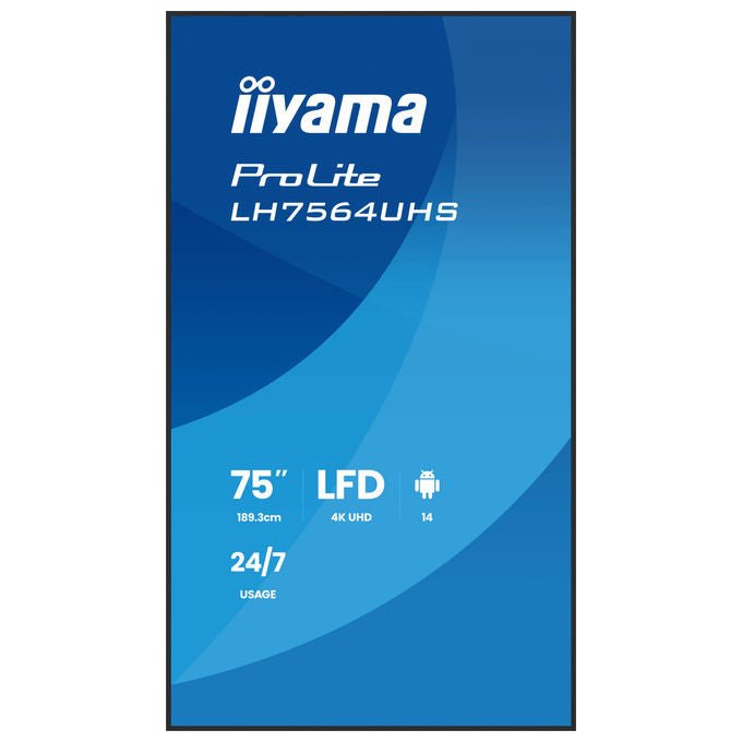 Iiyama display digital signage 75 pollici 4K UHD, ProLite LH7564UHS-B1AG, Android 14, 500 cd-m², Wi-Fi, 24-7, nero
