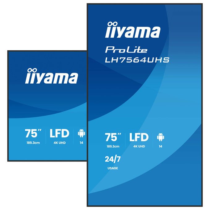 Iiyama display digital signage 75 pollici 4K UHD, ProLite LH7564UHS-B1AG, Android 14, 500 cd-m², Wi-Fi, 24-7, nero