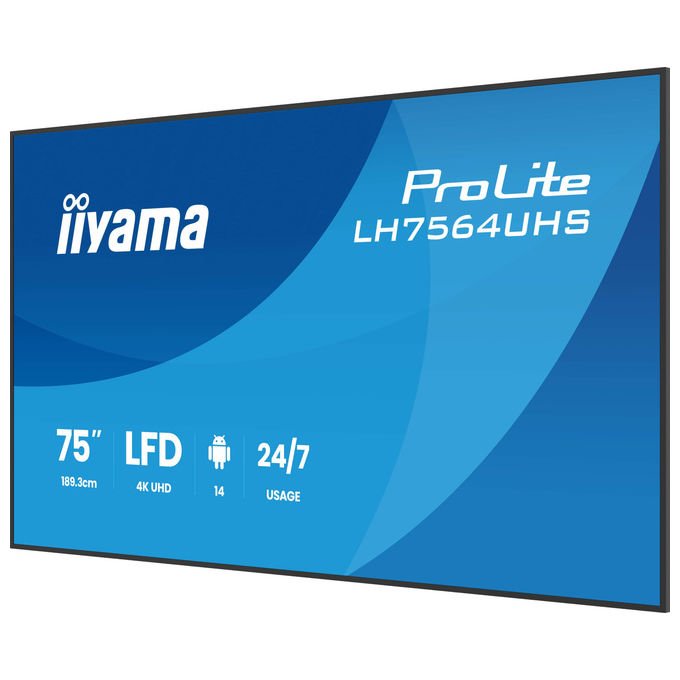 Iiyama display digital signage 75 pollici 4K UHD, ProLite LH7564UHS-B1AG, Android 14, 500 cd-m², Wi-Fi, 24-7, nero