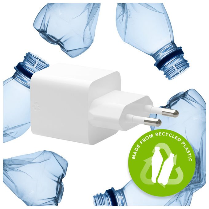 Dbramante1928 caricabatterie da muro USB-A 18W, re-charge pro, ricarica rapida, GaN, plastica riciclata, universale, bianco