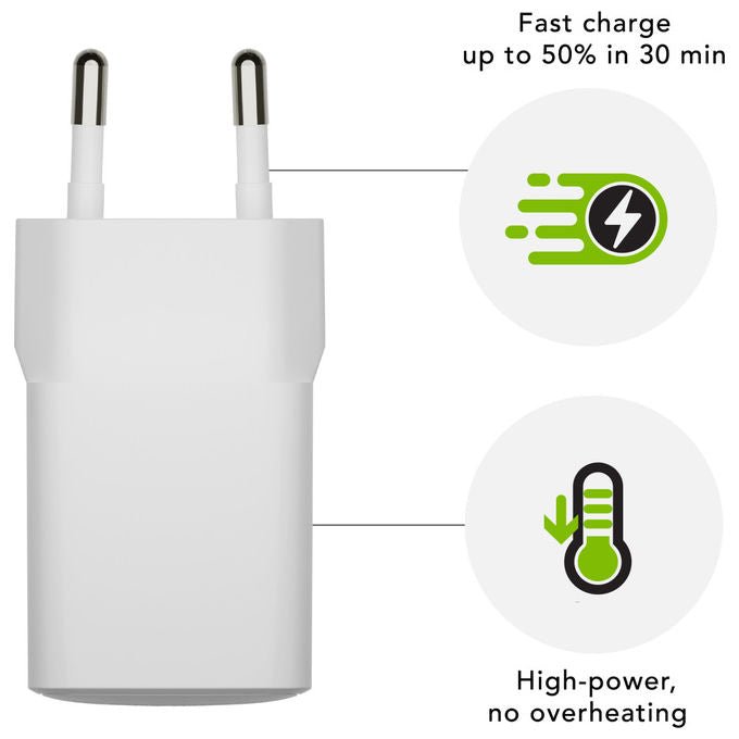 Dbramante1928 caricabatterie da muro USB-A 18W, re-charge pro, ricarica rapida, GaN, plastica riciclata, universale, bianco