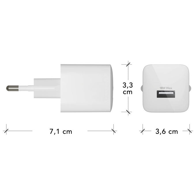 Dbramante1928 caricabatterie da muro USB-A 18W, re-charge pro, ricarica rapida, GaN, plastica riciclata, universale, bianco