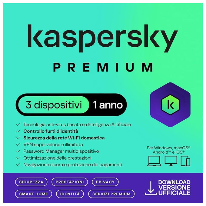 Kaspersky Premium, software di sicurezza, 3 dispositivi, 1 anno, VPN, protezione identita', Windows macOS Android iOS, superslimbox