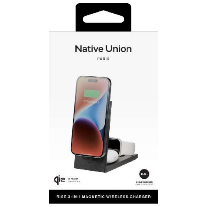 Native Union Rise 3 in 1 caricatore wireless Qi2, ricarica 15W, compatibile iPhone Apple Watch AirPods, nero