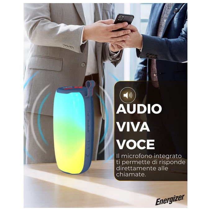 Energizer speaker bluetooth BTS121, power bank 1800mAh, stereo 6W x2, Bluetooth 5.2, impermeabile IP65, luci LED, vivavoce, FM, Micro SD
