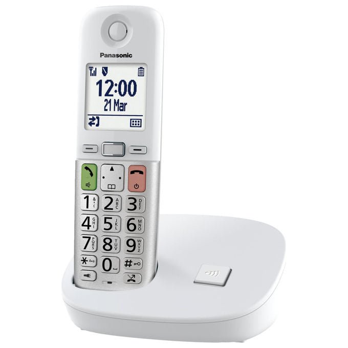 Panasonic telefono cordless KX-TGU410EXW, display LCD 2.1, tasti grandi, torcia LED, compatibile apparecchi acustici, blocco chiamate, bianco e argento