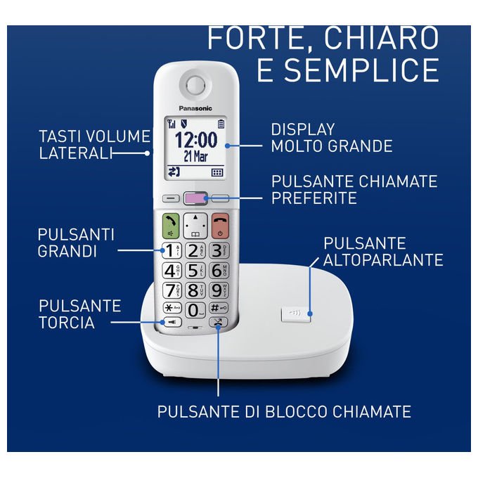 Panasonic telefono cordless KX-TGU410EXW, display LCD 2.1, tasti grandi, torcia LED, compatibile apparecchi acustici, blocco chiamate, bianco e argento