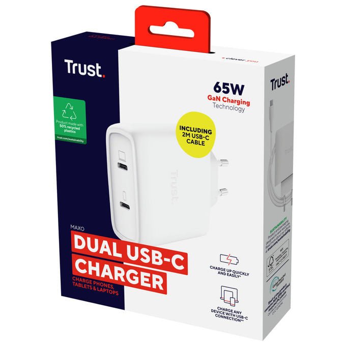 Trust Maxo caricabatterie da muro GaN 65W, 2 porte USB-C, ricarica rapida universale, cavo USB-C incluso, bianco