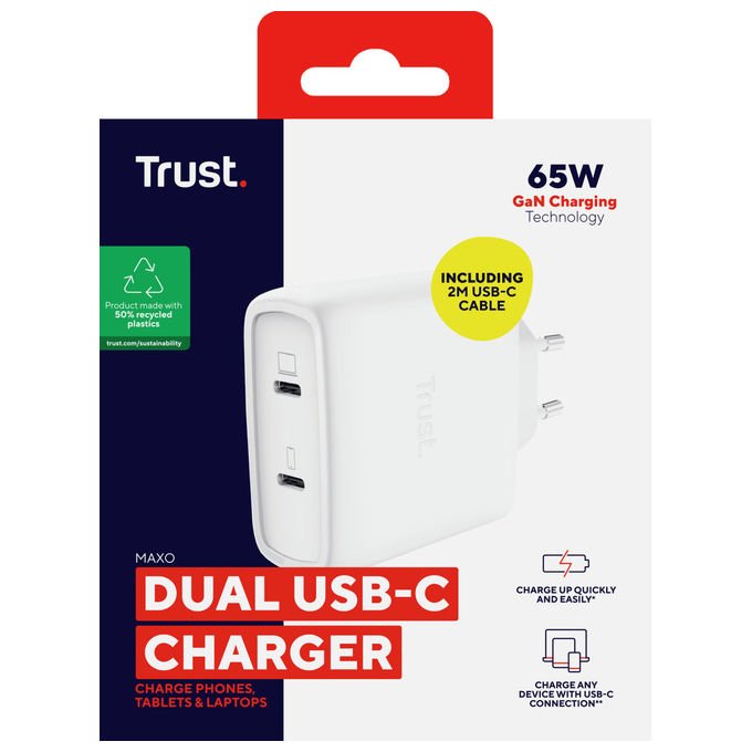 Trust Maxo caricabatterie da muro GaN 65W, 2 porte USB-C, ricarica rapida universale, cavo USB-C incluso, bianco