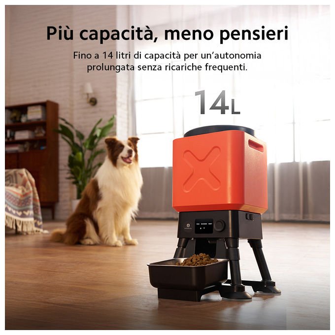 Petoneer smart feeder Titan 14L, distributore automatico cibo cani, Wi-Fi, anti-inceppamento, doppia alimentazione USB e batteria, nero rosso