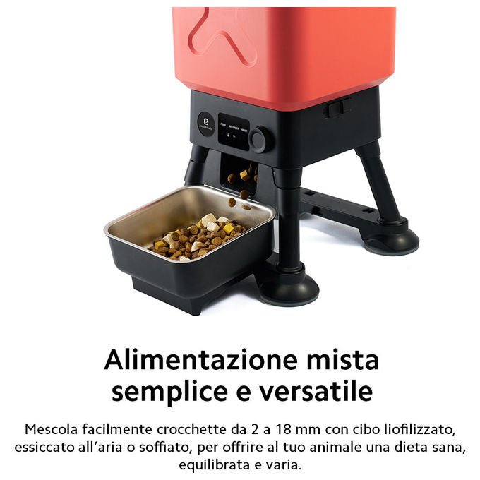 Petoneer smart feeder Titan 14L, distributore automatico cibo cani, Wi-Fi, anti-inceppamento, doppia alimentazione USB e batteria, nero rosso
