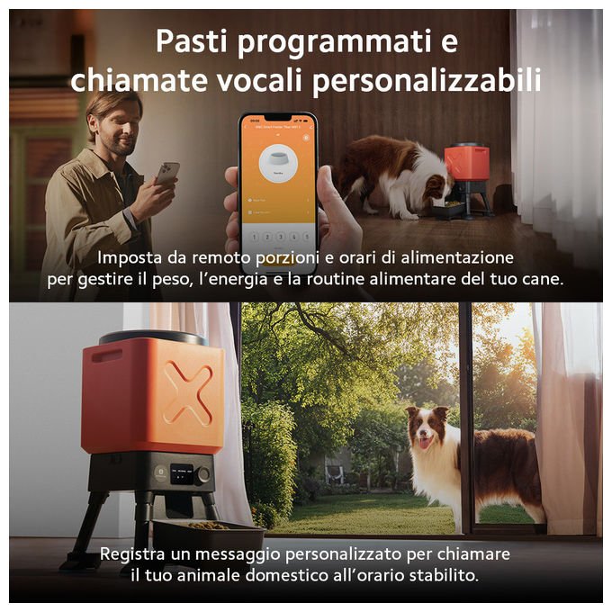 Petoneer smart feeder Titan 14L, distributore automatico cibo cani, Wi-Fi, anti-inceppamento, doppia alimentazione USB e batteria, nero rosso