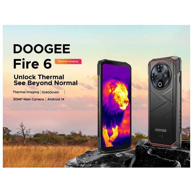 Doogee Fire 6 smartphone rugged, 6,56'' 90Hz, 16GB RAM, 256GB, batteria 10400mAh, fotocamera 50MP, Android 14, nero
