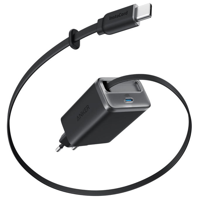 Anker nano caricabatterie 35w, due porte USB-C, cavo retrattile integrato 70 cm, ricarica rapida GaN, A2658G11, nero