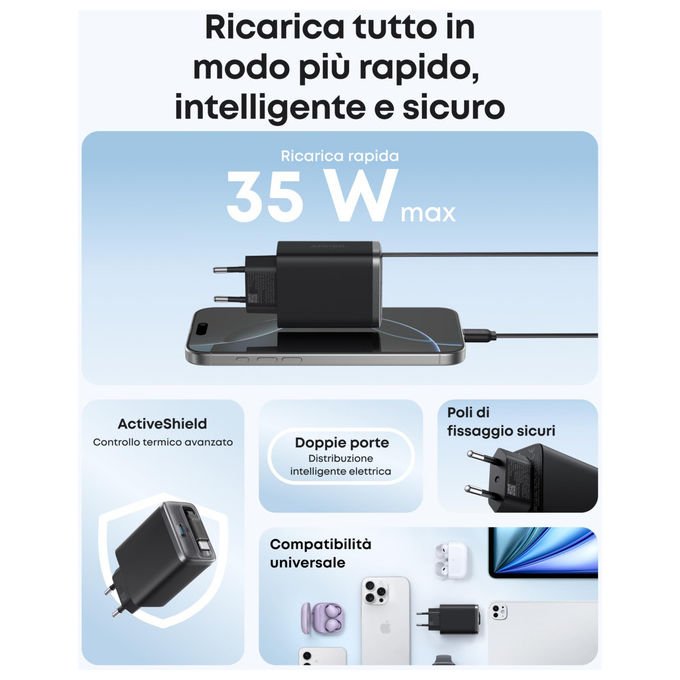 Anker nano caricabatterie 35w, due porte USB-C, cavo retrattile integrato 70 cm, ricarica rapida GaN, A2658G11, nero