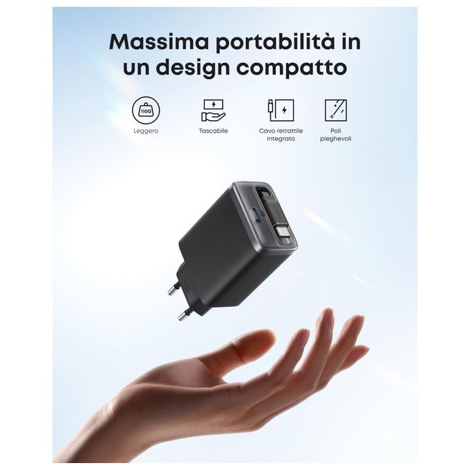 Anker nano caricabatterie 35w, due porte USB-C, cavo retrattile integrato 70 cm, ricarica rapida GaN, A2658G11, nero