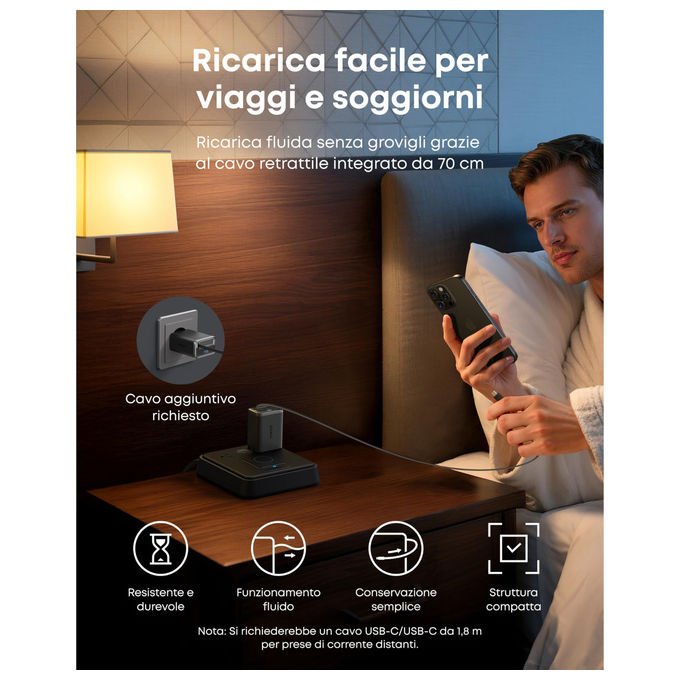 Anker nano caricabatterie 35w, due porte USB-C, cavo retrattile integrato 70 cm, ricarica rapida GaN, A2658G11, nero