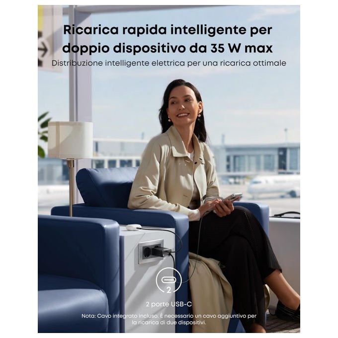 Anker nano caricabatterie 35w, due porte USB-C, cavo retrattile integrato 70 cm, ricarica rapida GaN, A2658G11, nero