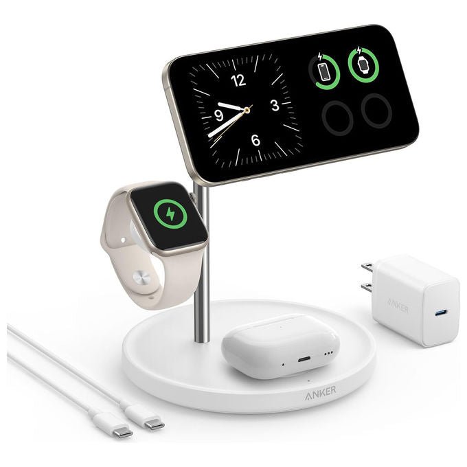 Anker MagGo stazione di ricarica wireless 3 in 1, Qi 2.0, 15W, iPhone Apple Watch AirPods, alimentatore e cavo inclusi, bianco