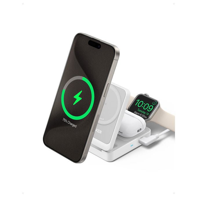 Anker MagGo 3 in 1 caricabatterie wireless pieghevole, 15W, Qi2, ricarica rapida, compatibile iPhone, Apple Watch, AirPods, bianco
