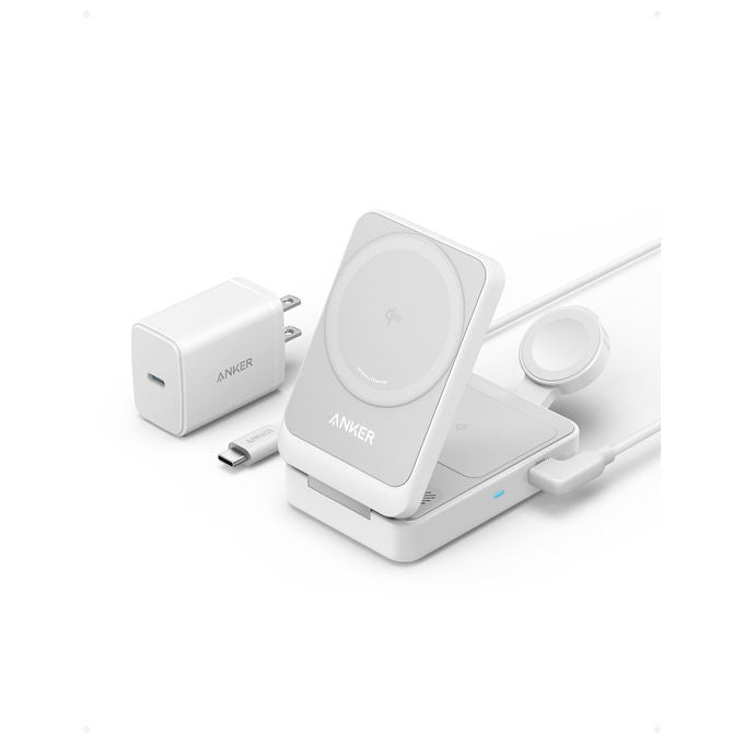 Anker MagGo 3 in 1 caricabatterie wireless pieghevole, 15W, Qi2, ricarica rapida, compatibile iPhone, Apple Watch, AirPods, bianco