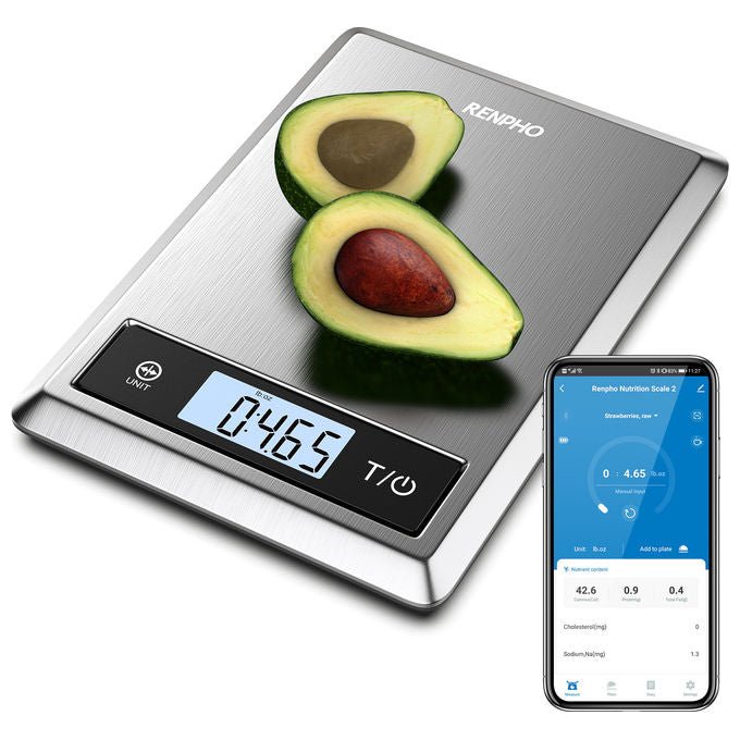 Renpho Calibra 1, bilancia da cucina smart, bluetooth, analisi nutrizionale, contacalorie, acciaio inox, 5 kg