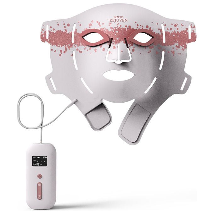 Renpho maschera viso led Artemis Blush E100B-1, 432 led, 4 modalita' luce, silicone morbido, copertura mento, bianco rosa