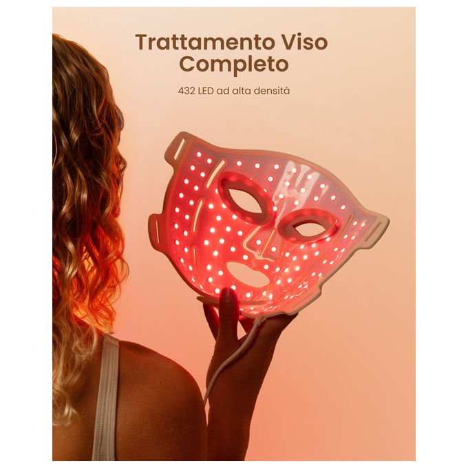 Renpho maschera viso led Artemis Blush E100B-1, 432 led, 4 modalita' luce, silicone morbido, copertura mento, bianco rosa