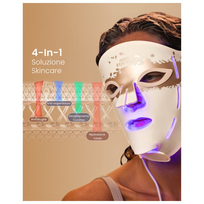 Renpho maschera viso led Artemis Blush E100B-1, 432 led, 4 modalita' luce, silicone morbido, copertura mento, bianco rosa