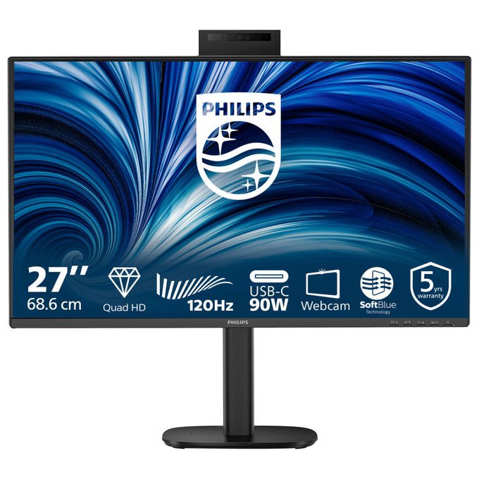 Philips monitor 27 pollici QHD IPS 2560x1440, 120 Hz, USB-C 90W, webcam pop-up Windows Hello, hub USB, ethernet, 27B2U3601H-00