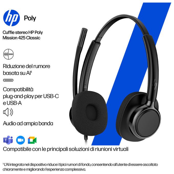 HP Poly cuffie stereo cablate Mission 425 USB, microfono integrato, nero, compatibile Windows, macOS, ChromeOS, Android, iOS