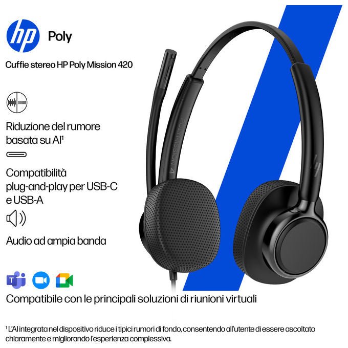 HP Poly Mission 425, cuffie cablate stereo USB, connessione USB Type-C e Type-A, compatibili Windows, macOS, nero