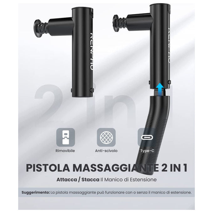 Renpho pistola massaggiante R-C004, manico estensibile rimovibile, 4 testine intercambiabili, 4 velocita' 1600-2600 rpm, nero