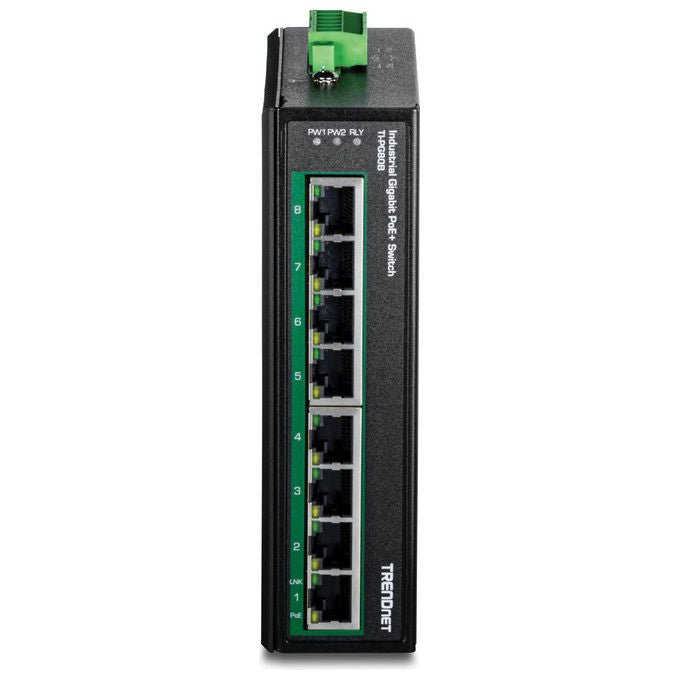Trendnet TI-PG80B switch industriale Gigabit PoE+ 8 porte, guida DIN, 200W budget, IP30, -40 75°C