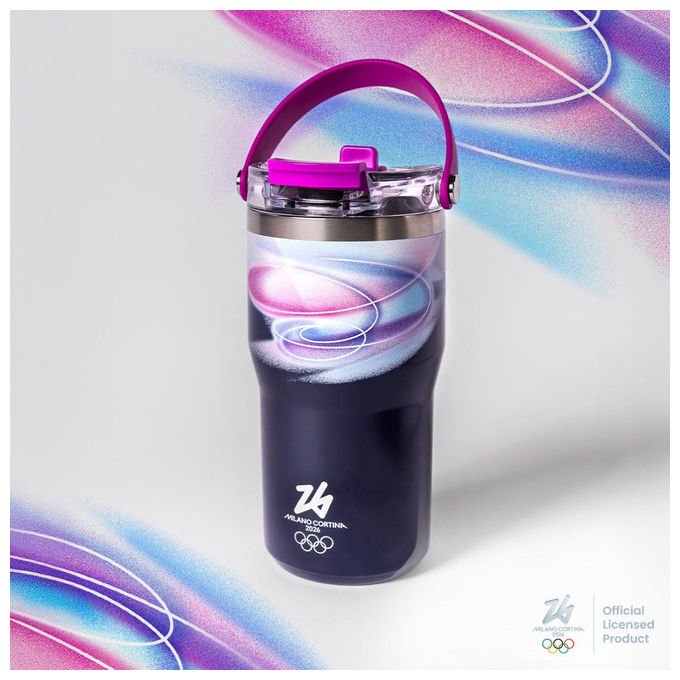 Bialetti tumbler mico MICO02, borraccia termica, 600 ml, acciaio inossidabile, tappo con cannuccia, Milano Cortina 2026, viola