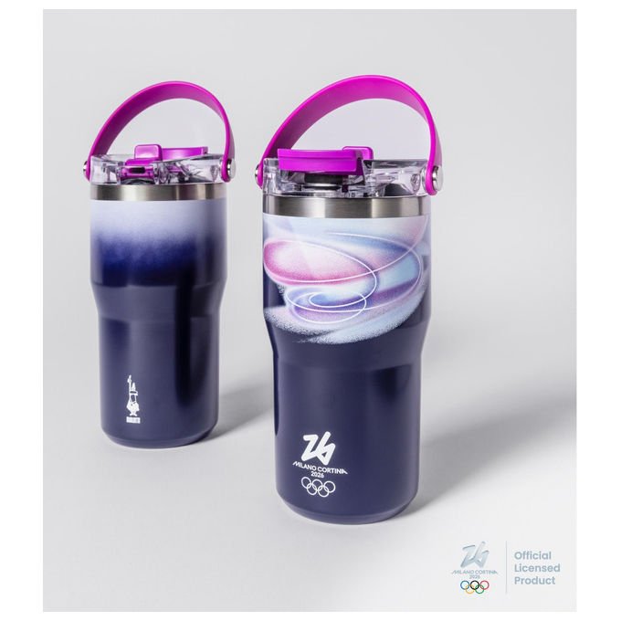 Bialetti tumbler mico MICO02, borraccia termica, 600 ml, acciaio inossidabile, tappo con cannuccia, Milano Cortina 2026, viola
