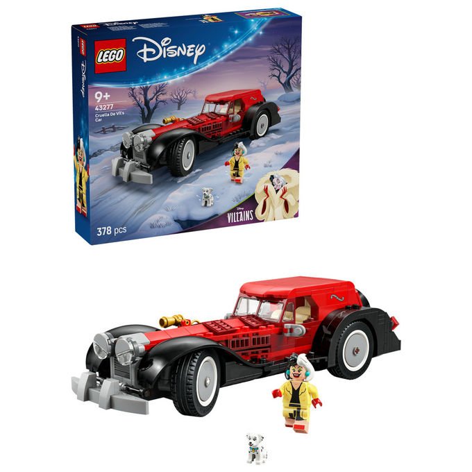 Lego Disney auto di Crudelia De Mon 43277, set costruzione 378 pezzi, minifigure e cane, eta' 9+